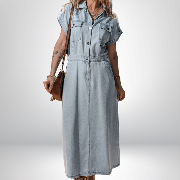Isabelle™ - Denimklänning med eleganta, korta fladdermusärmar