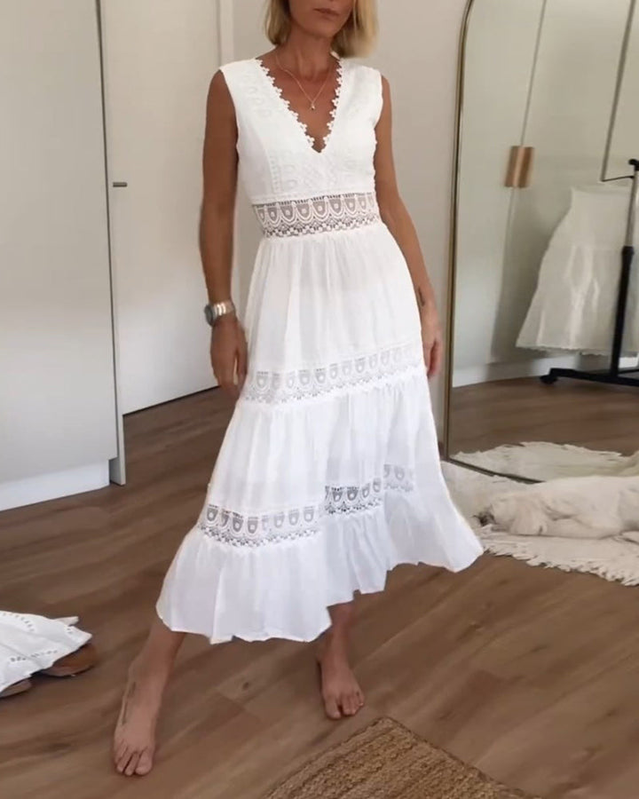 Sora™ – Ärmlös Boho Midiklänning med Spetsdetaljer