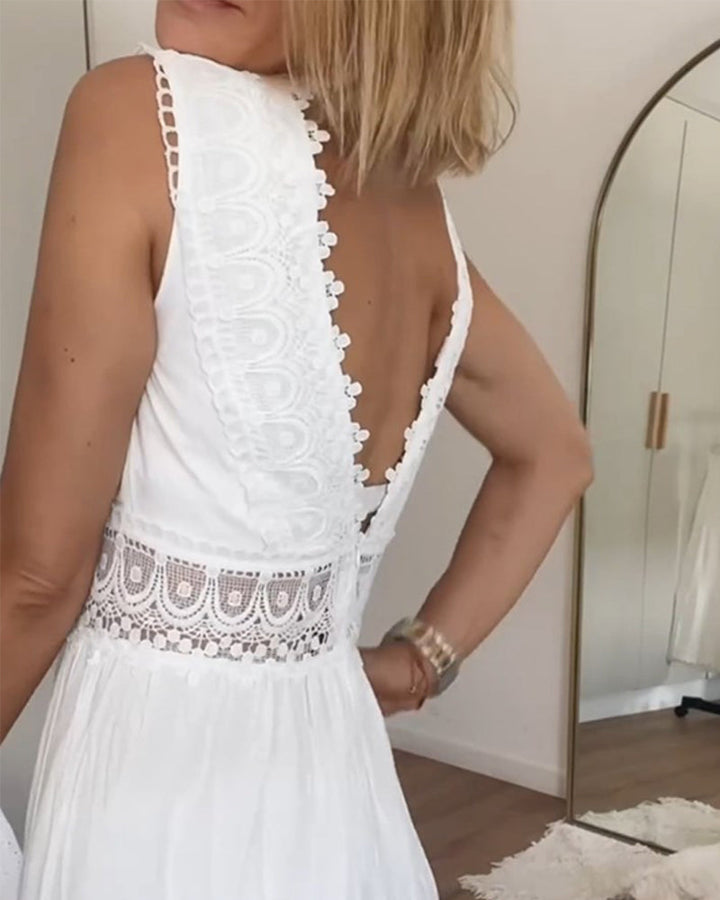 Sora™ – Ärmlös Boho Midiklänning med Spetsdetaljer